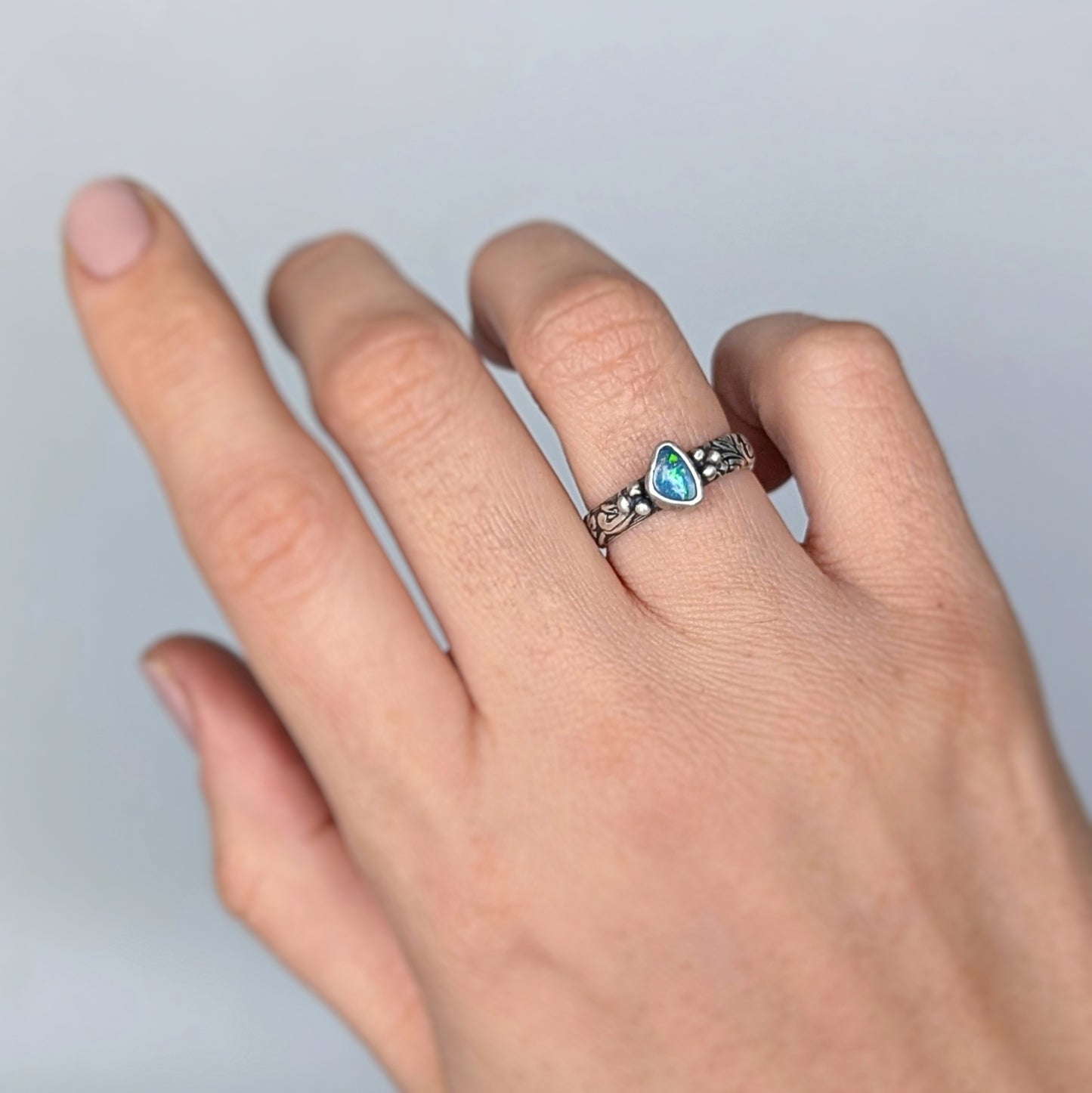 Dainty Australian Opal Sterling Silver Ring, size 7.5