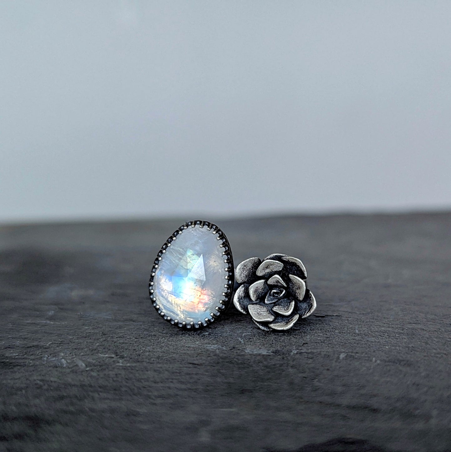 Gemmaflora Collection: Rainbow Moonstone and Cast Succulent Sterling Silver Open Band Ring