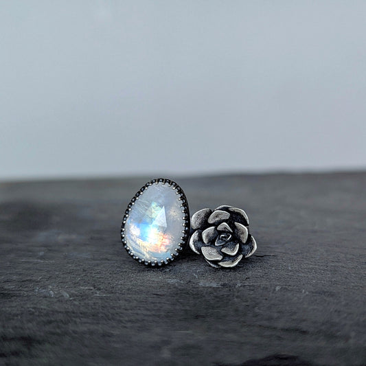 Gemmaflora Collection: Rainbow Moonstone and Cast Succulent Sterling Silver Open Band Ring