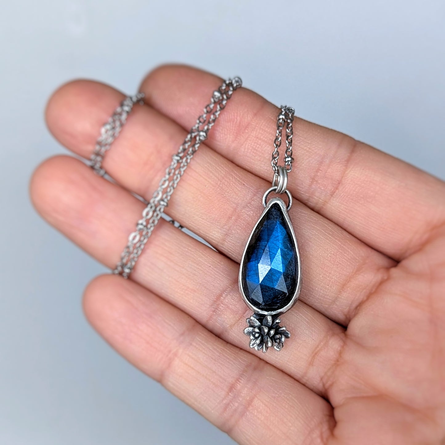 "Midnight Bloom": Labradorite and cast sterling silver succulent artisan necklace