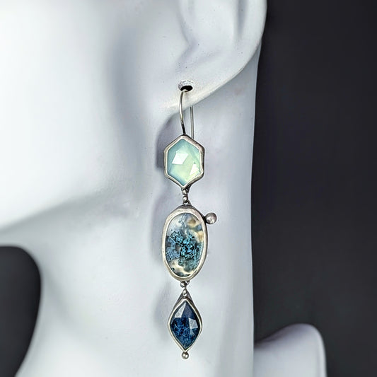 Bijoux Ensemble: Sterling Silver Gemstone Cascade Artisan Earrings with Kyanite, Chalcedony, and Agate