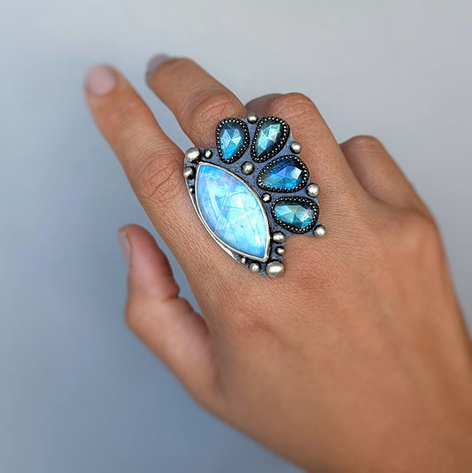 Solaris Ring: Rainbow Moonstone and Labradorite in Sterling Silver