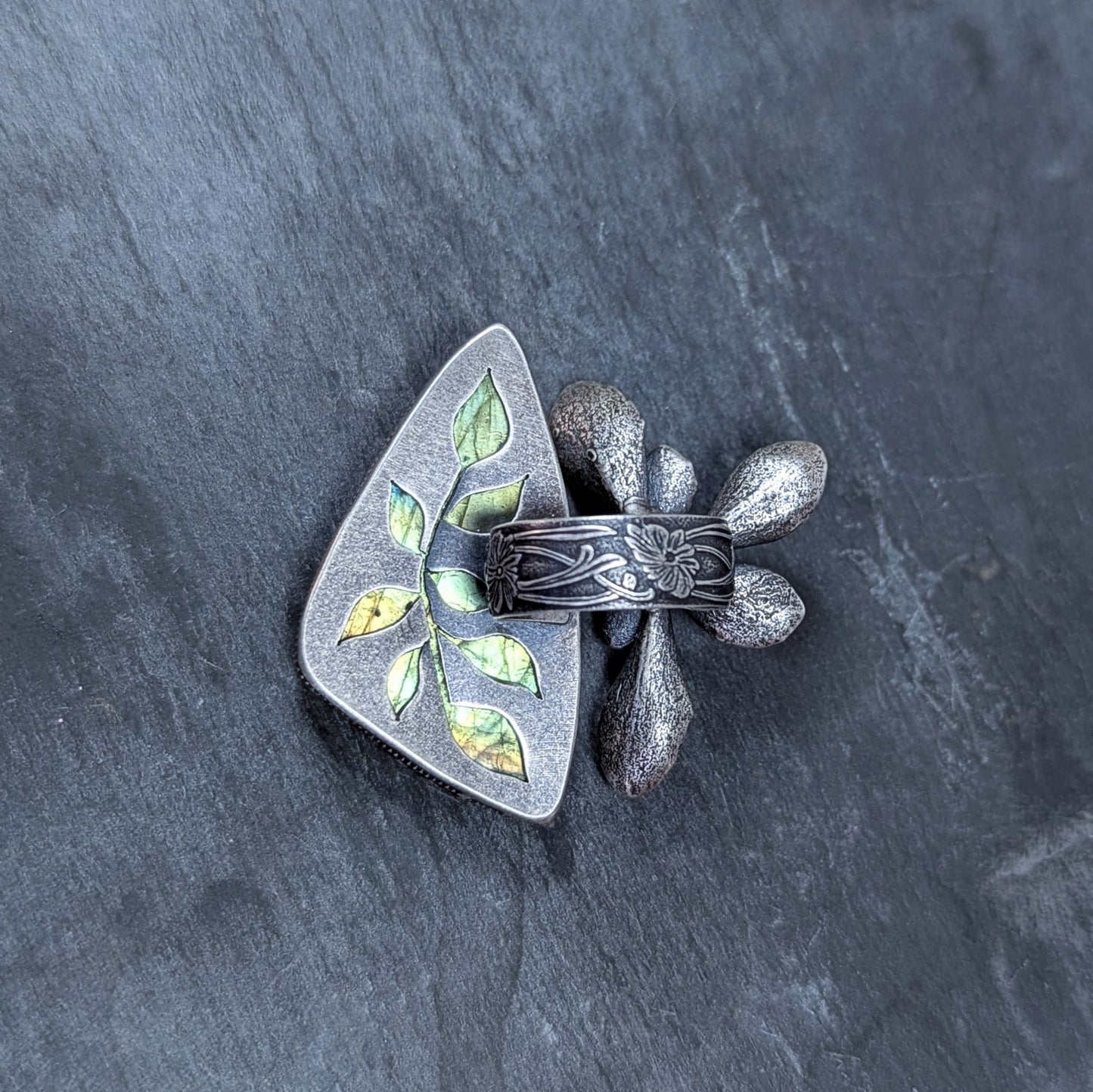 Gemmaflora Maxima: Green Labradorite and Sterling Silver Cast Succulent Artisan Statement Ring