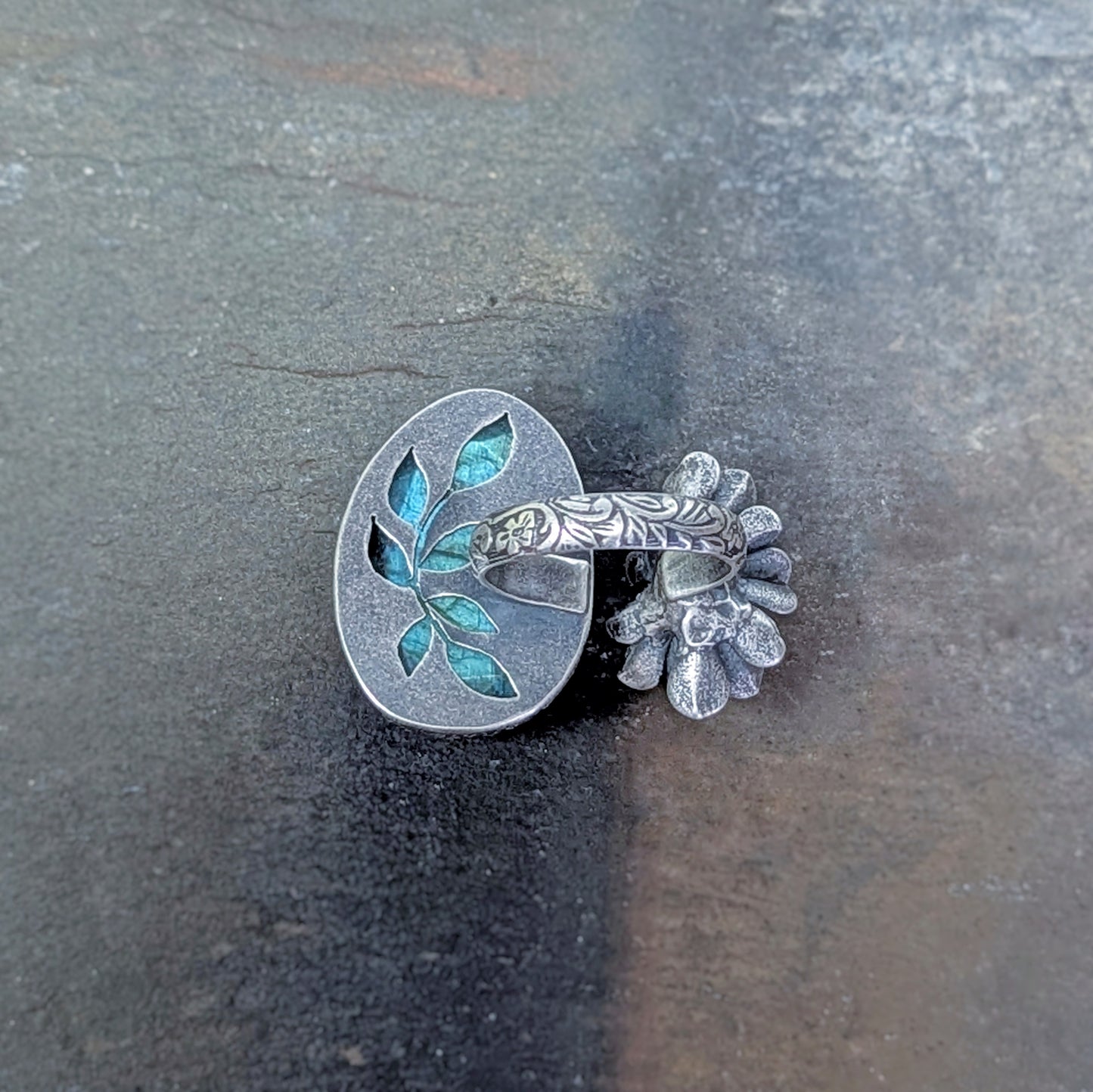 Gemmaflora Maxima- Deep Aqua Labradorite and Solid Cast Sterling Silver Double Succulent Artisan Statement Ring