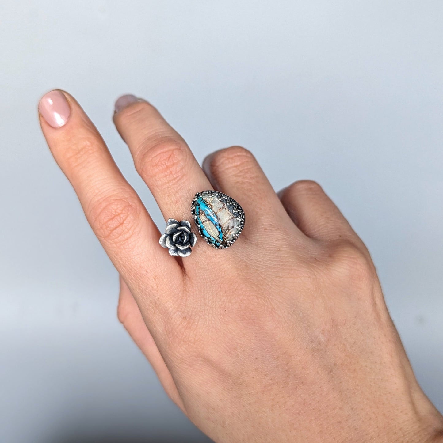 Gemmaflora Collection: Royston Turquoise and Succulent Sterling Silver Open Band Ring