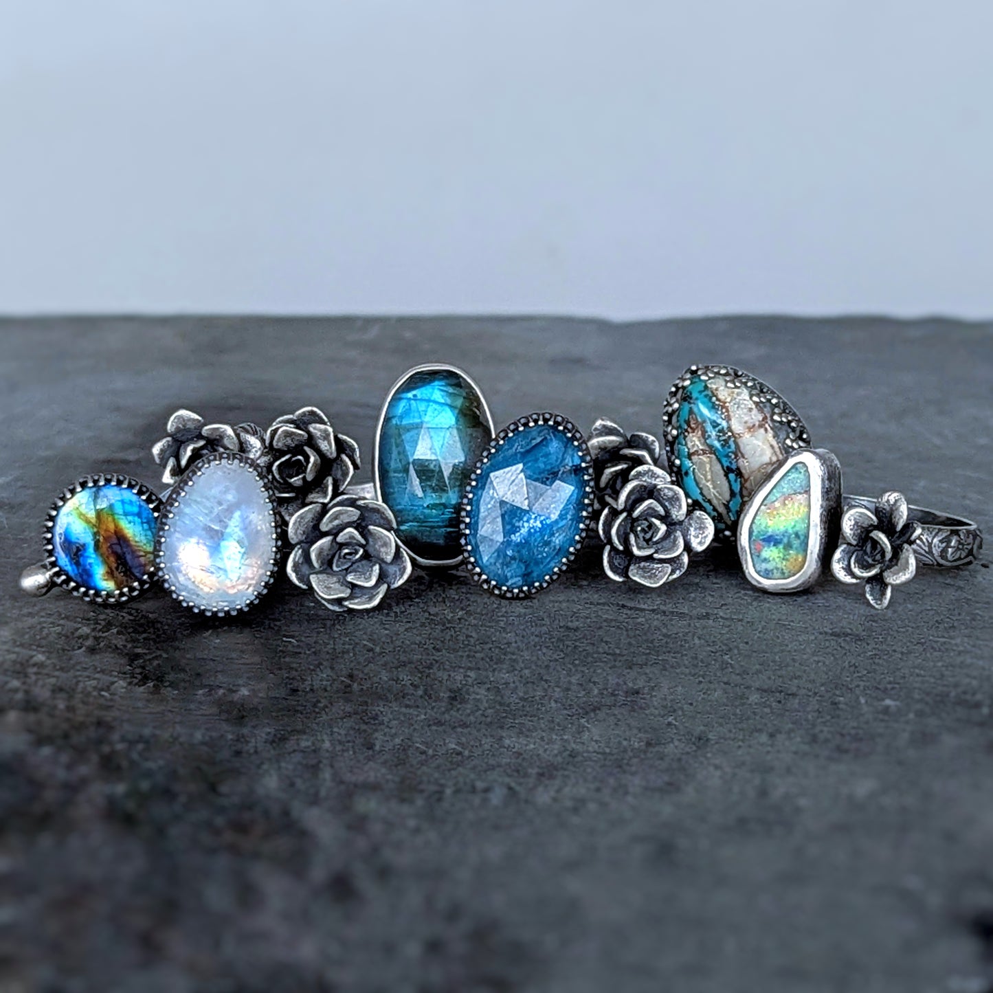 Gemmaflora Collection: Royston Turquoise and Succulent Sterling Silver Open Band Ring