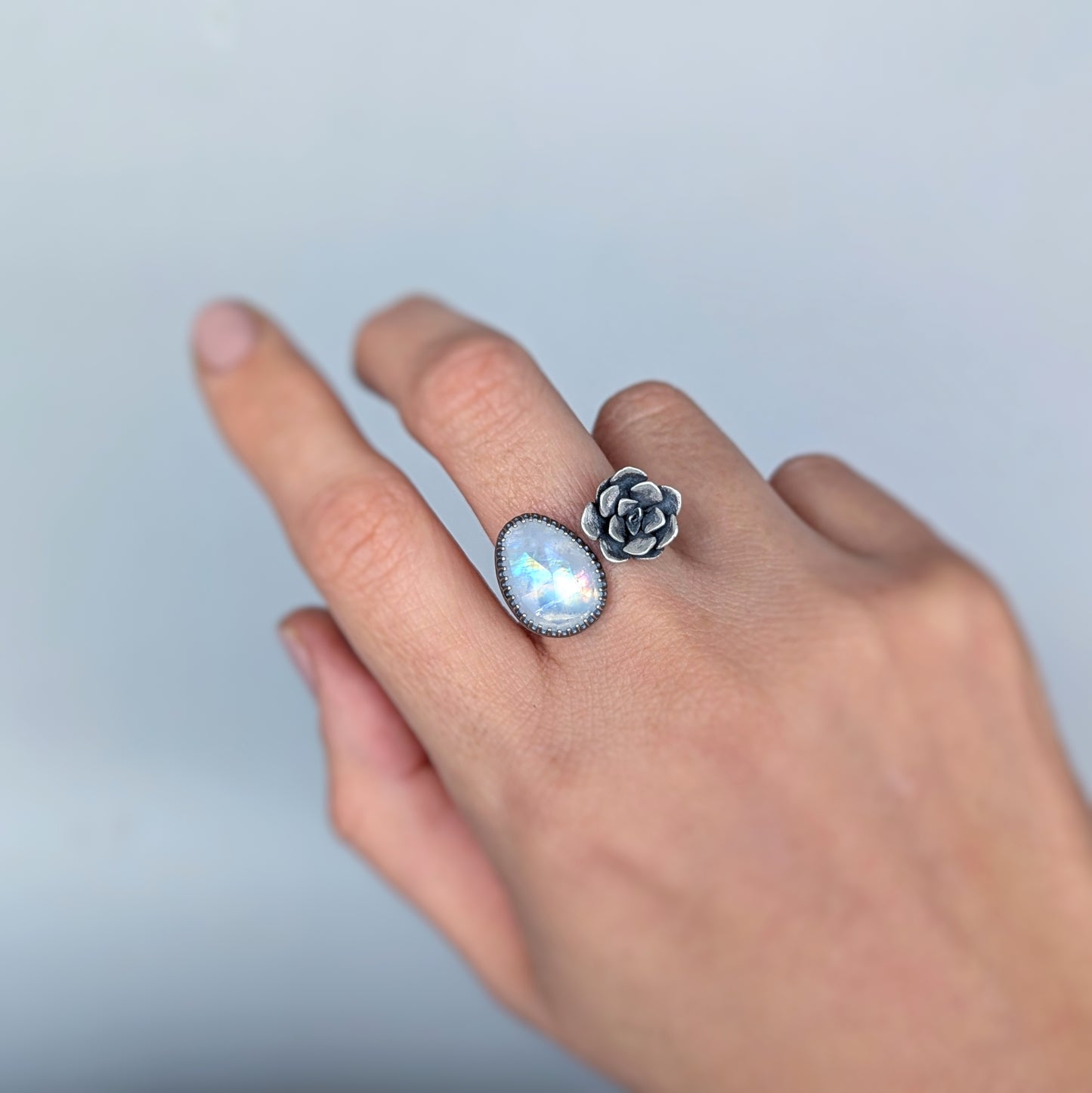 Gemmaflora Collection: Rainbow Moonstone and Cast Succulent Sterling Silver Open Band Ring