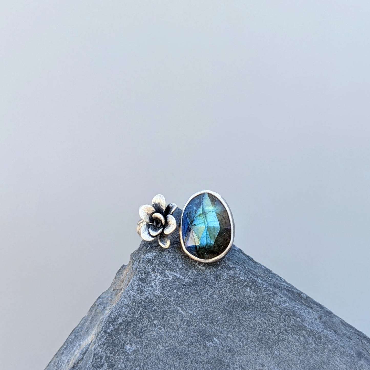 Gemmaflora Collection: Blue Labradorite and Succulent Sterling Silver Open Band Ring, adjustable sz 8-9