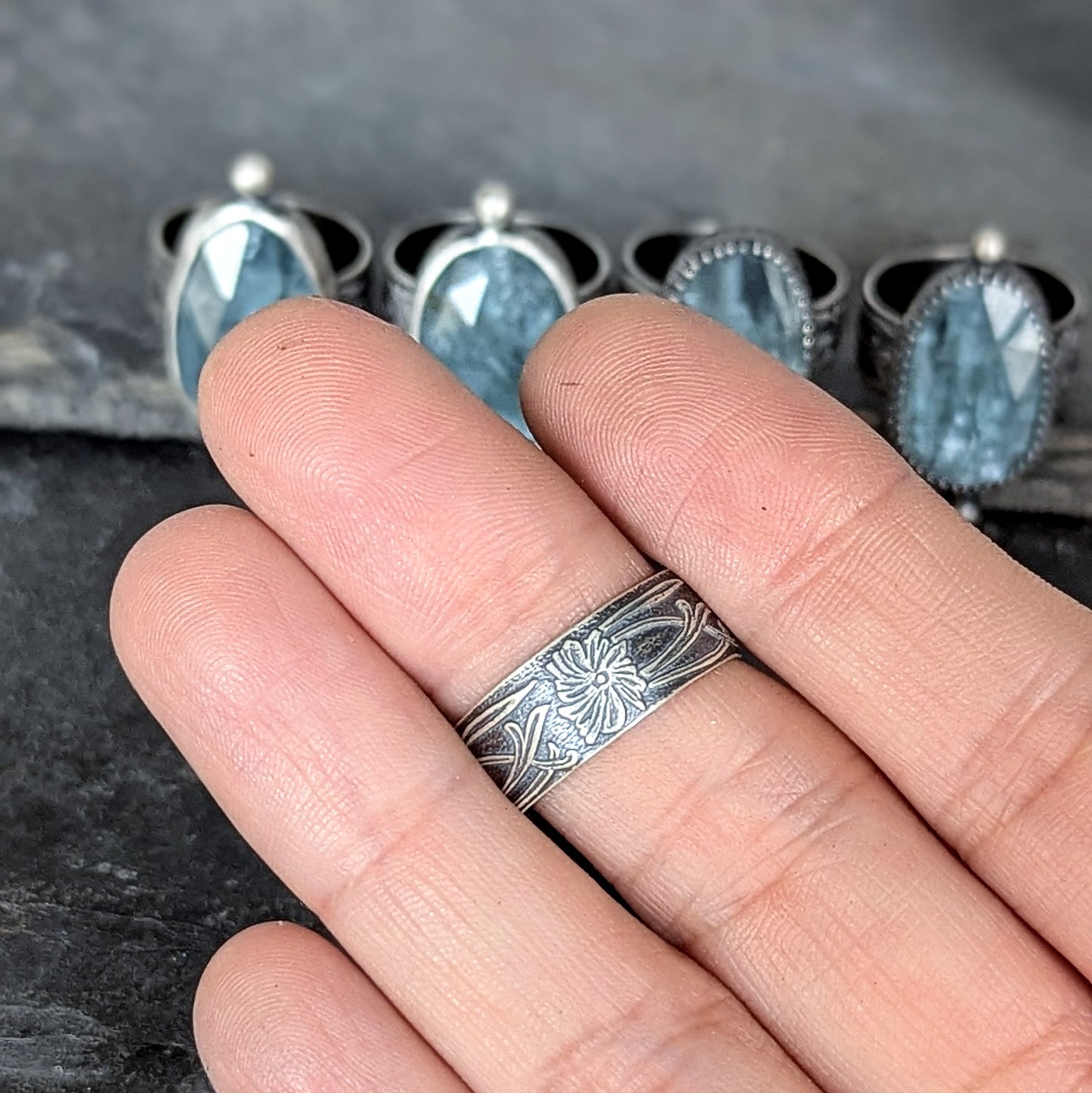 Faceted Aqua Kyanite Sterling Silver Artisan Statement Ring