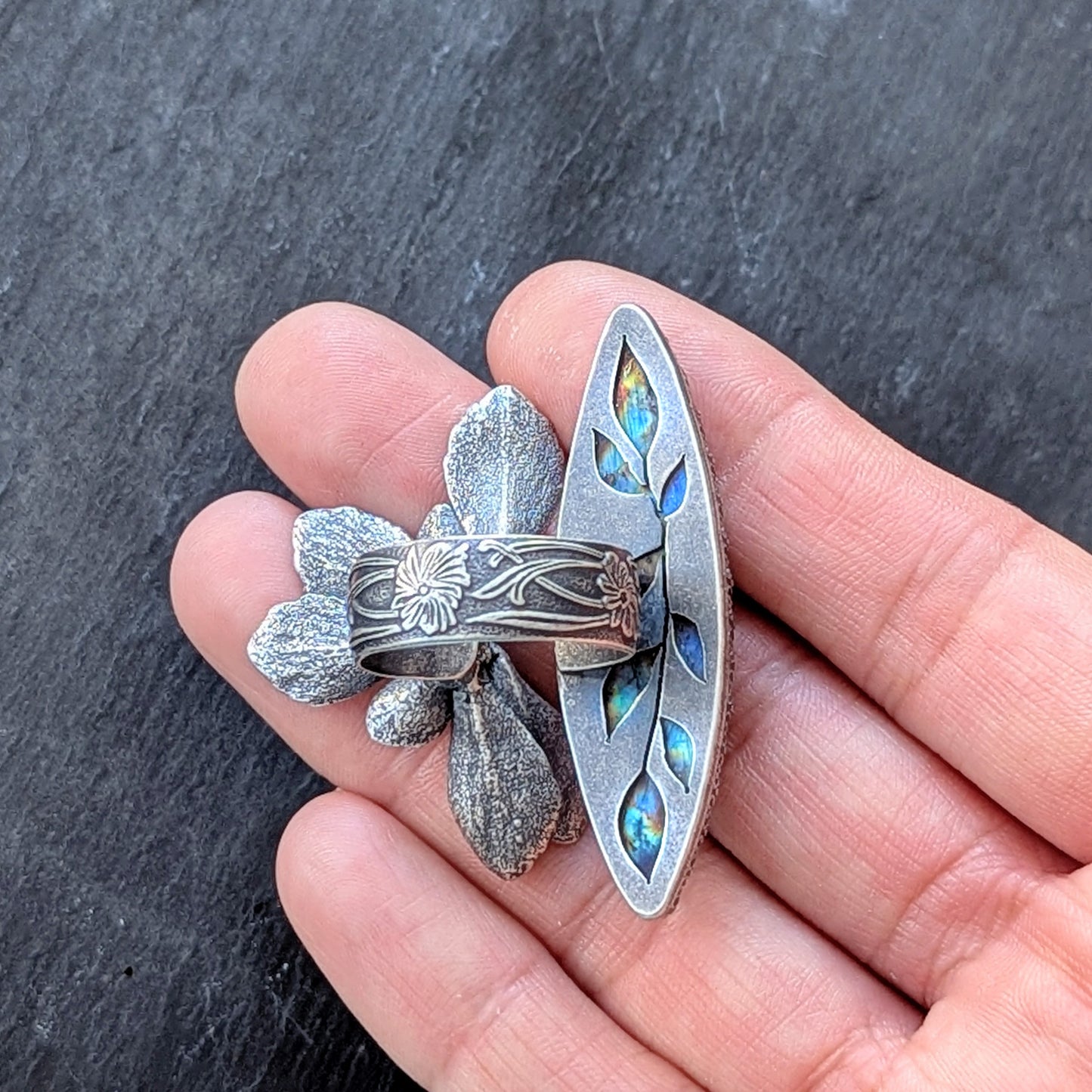 Gemmaflora Maxima: Rainbow Labradorite Sterling Silver Cast Succulent Artisan Statement Ring