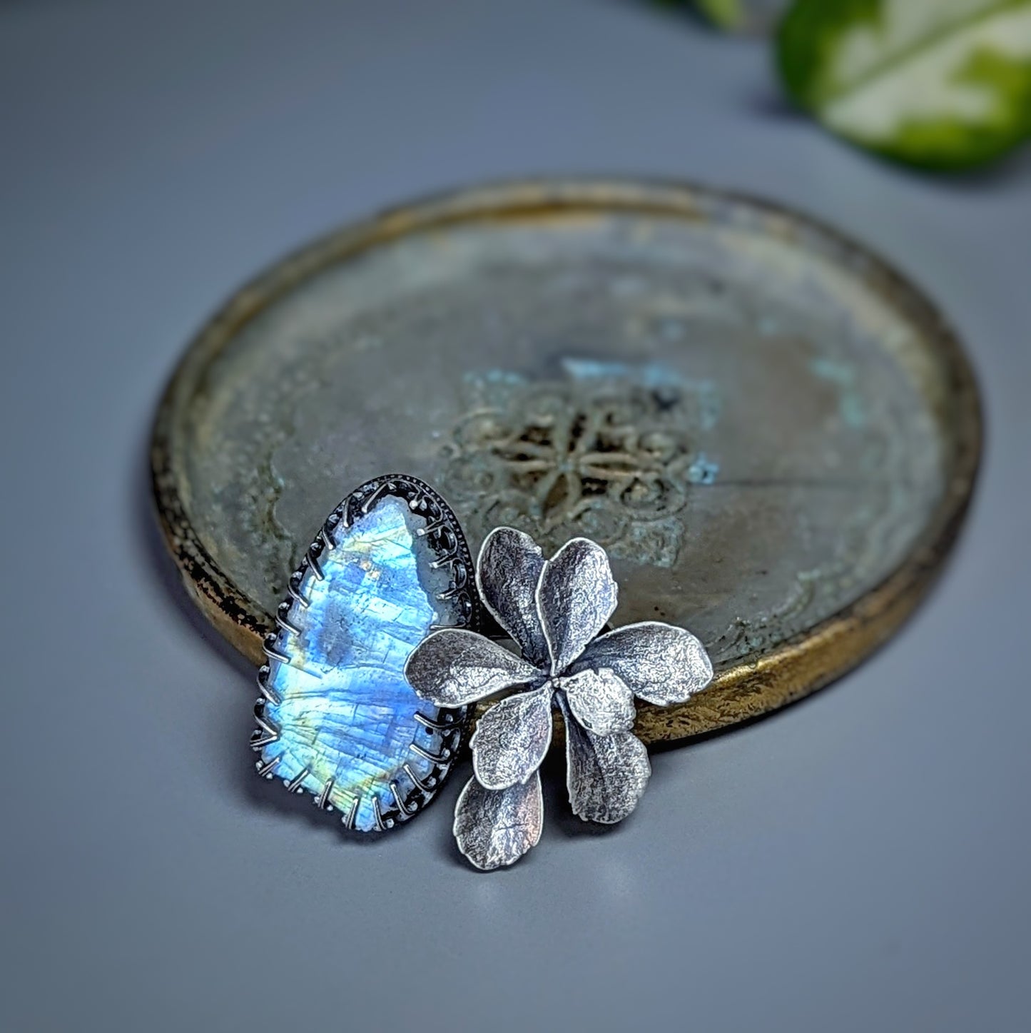 Gemmaflora Maxima: Rough Blue Moonstone Sterling Silver Cast Succulent Artisan Statement Ring