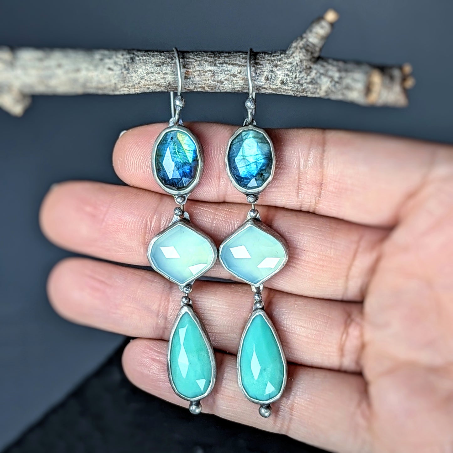 Fata Morgana: Sterling Silver and Gemstone Artisan Cascade Earrings with Labradorite, Chrysoprase, and Chalcedony