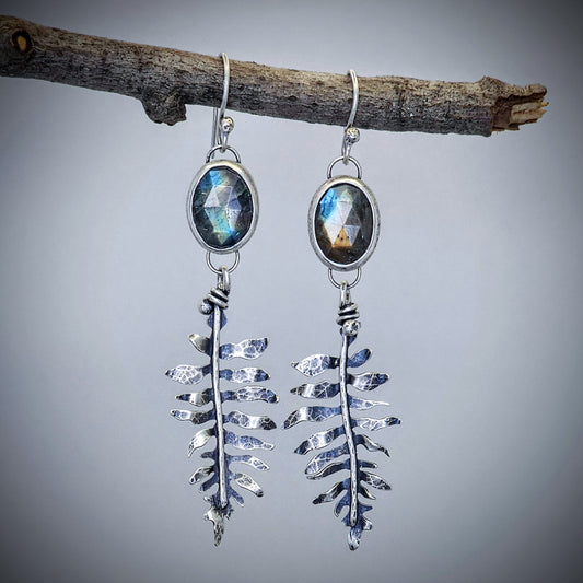Sterling silver labradorite and fern earrings