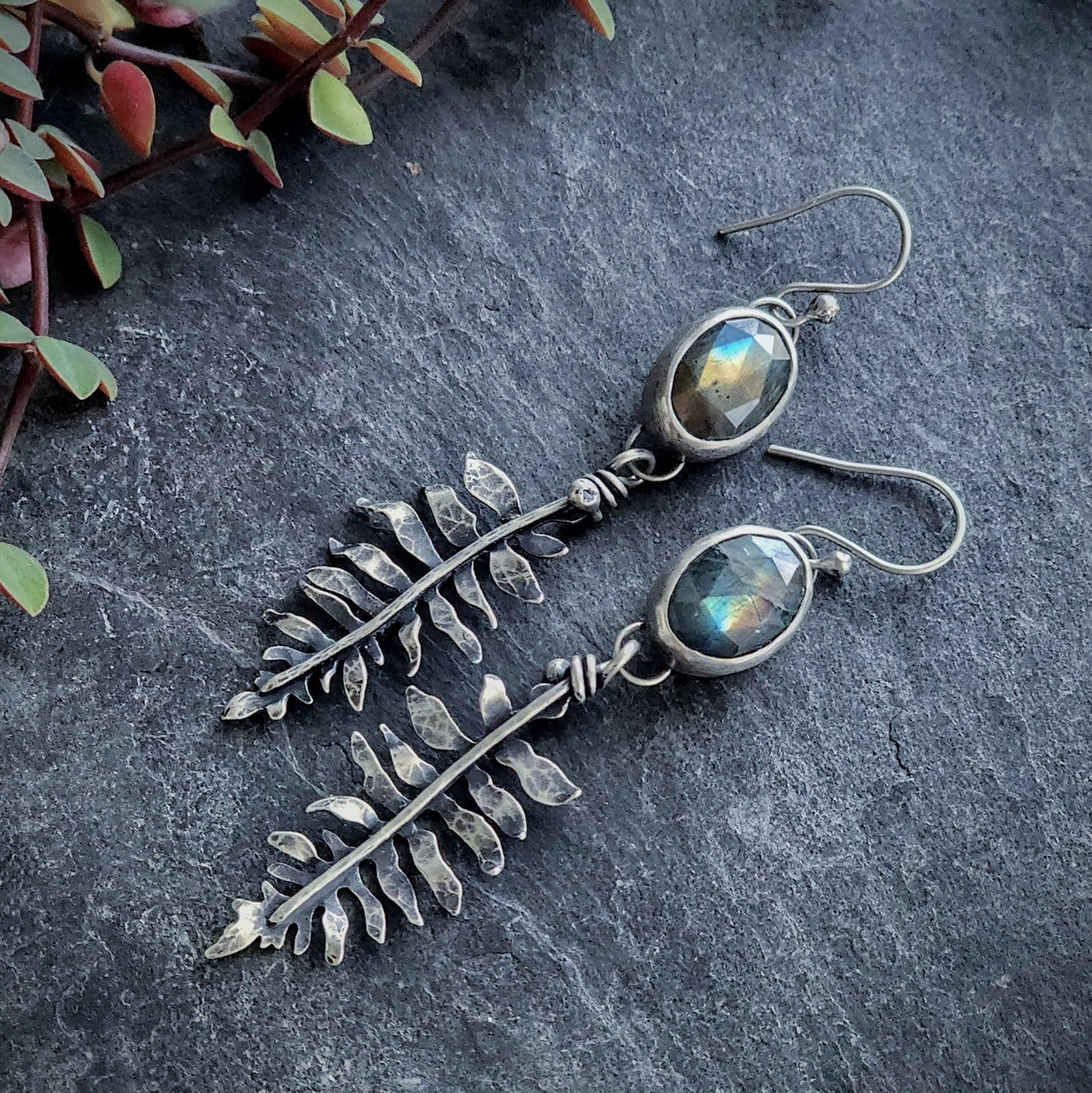 Sterling silver labradorite and fern earrings