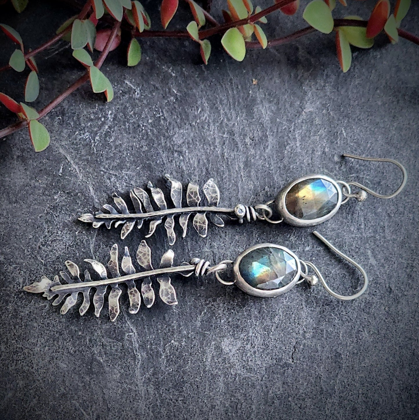Sterling silver labradorite and fern earrings