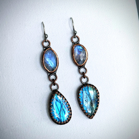 Mixed metal labradorite and moonstone earrings