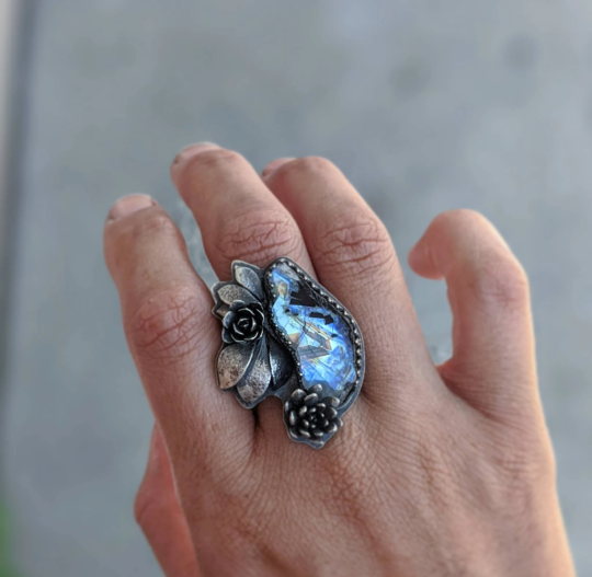 Rainbow moonstone and tourmaline sterling silver botanical statement ring