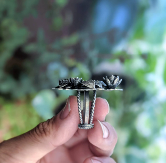 Rainbow moonstone and tourmaline sterling silver botanical statement ring