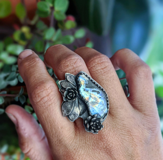 Rainbow moonstone and tourmaline sterling silver botanical statement ring
