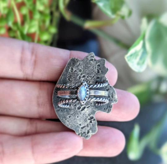 Rainbow moonstone and tourmaline sterling silver botanical statement ring