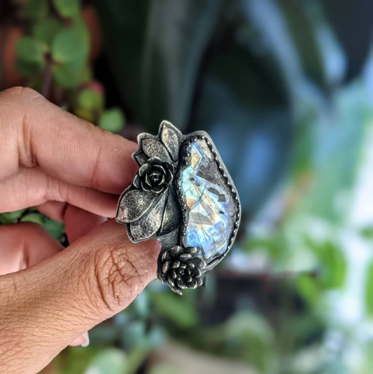 Rainbow moonstone and tourmaline sterling silver botanical statement ring