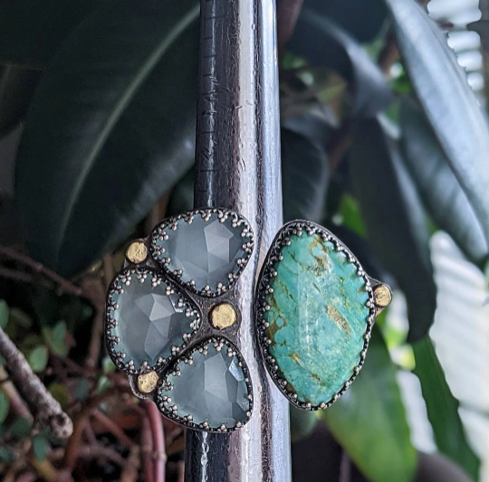 One of a kind sterling silver and bronze open band turquoise and chalcedony ring
