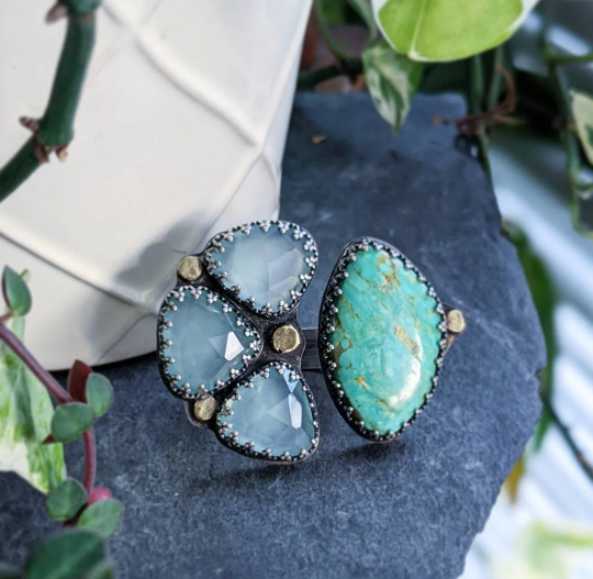 One of a kind sterling silver and bronze open band turquoise and chalcedony ring