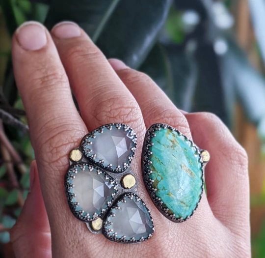 One of a kind sterling silver and bronze open band turquoise and chalcedony ring