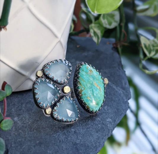 One of a kind sterling silver and bronze open band turquoise and chalcedony ring