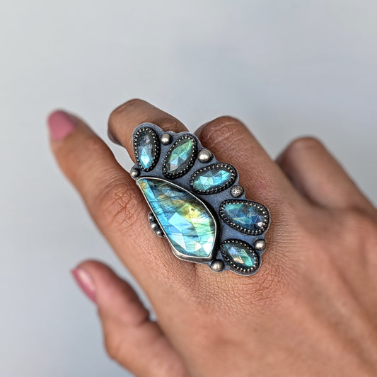 Faceted Labradorite Statement Ring- Sterling Silver Multi Stone Ring