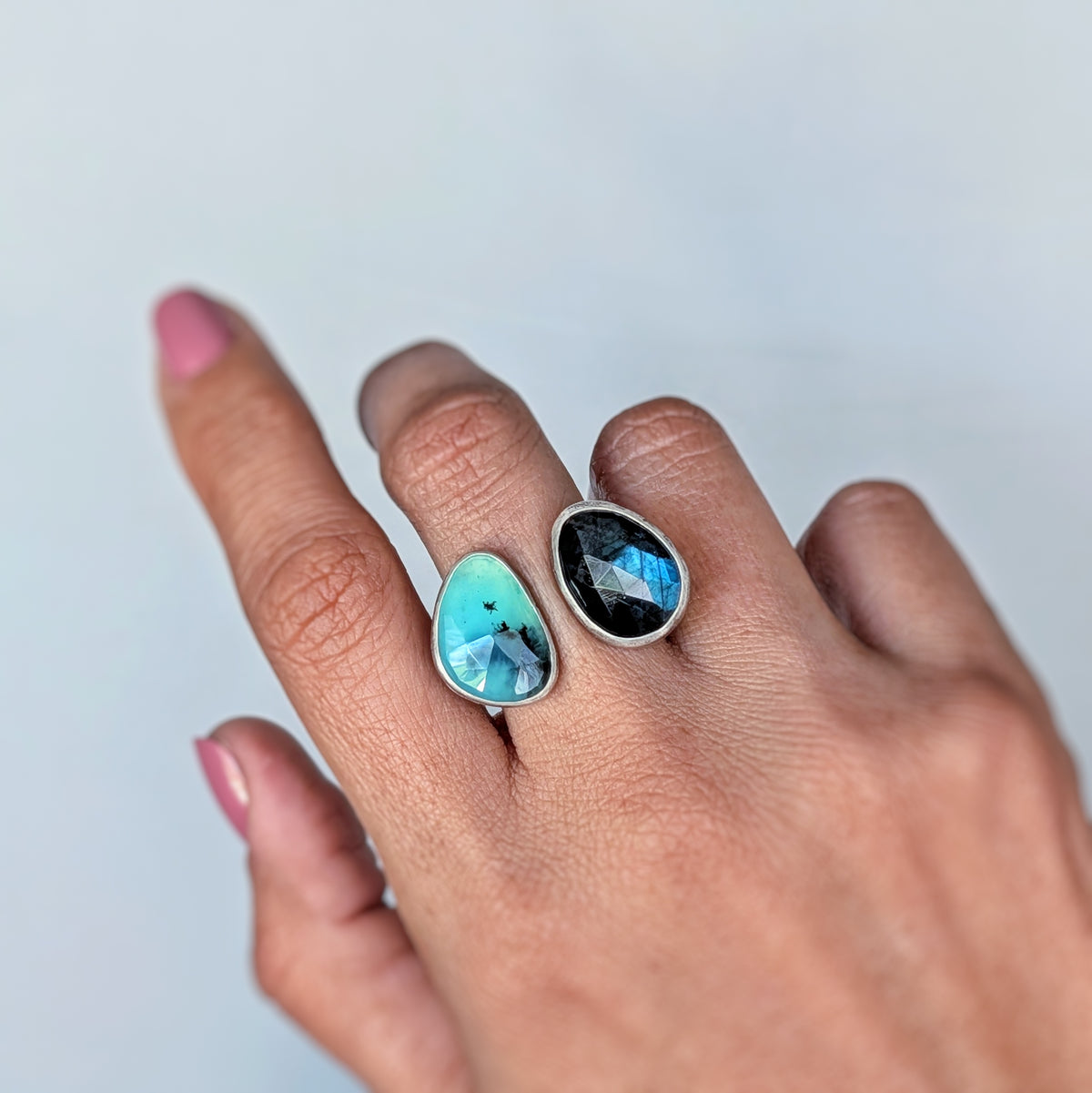 Blue Labradorite & Peruvian Opal Open Band Ring