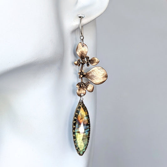 Faceted Labradorite and Bronze Succulent Statement Earrings- Botanical Mixed Metal Earrings