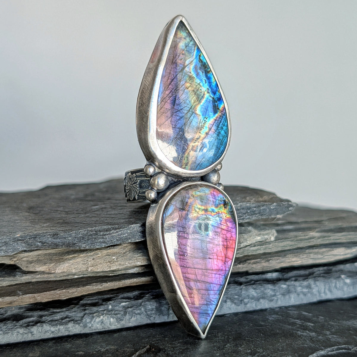 Rainbow Labradorite Statement Ring- Sterling Silver & Copper Art Nouveau Adjustable Ring