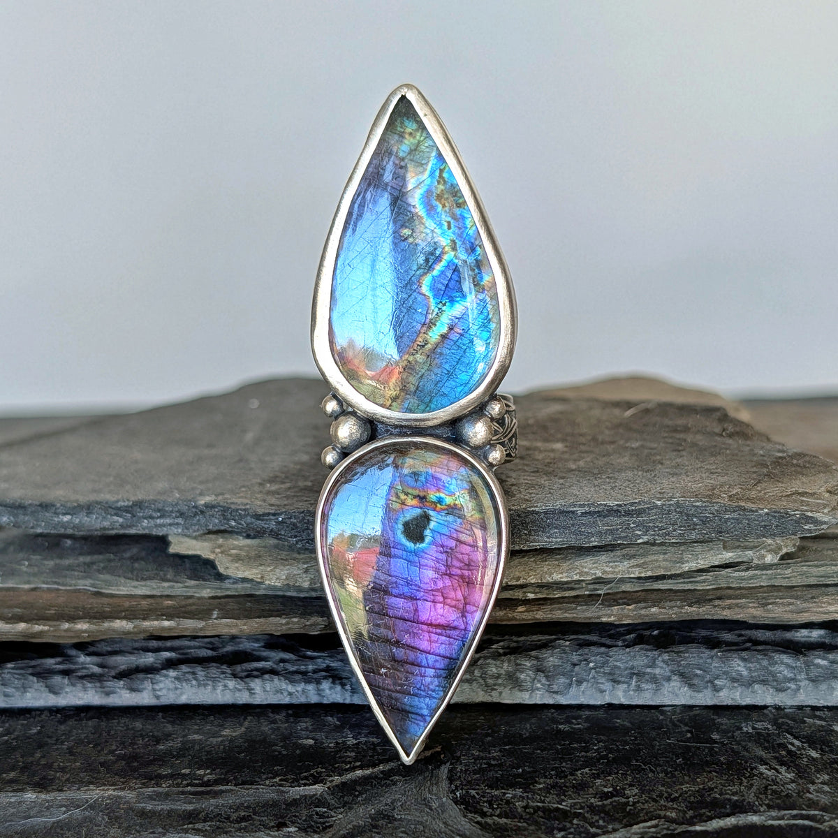 Rainbow Labradorite Statement Ring- Sterling Silver & Copper Art Nouveau Adjustable Ring
