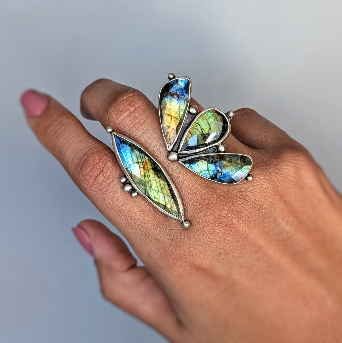 Faceted Labradorite Statement Ring- Art Nouveau Sterling Silver & Copper Open Band Ring, size 7.5-8.5