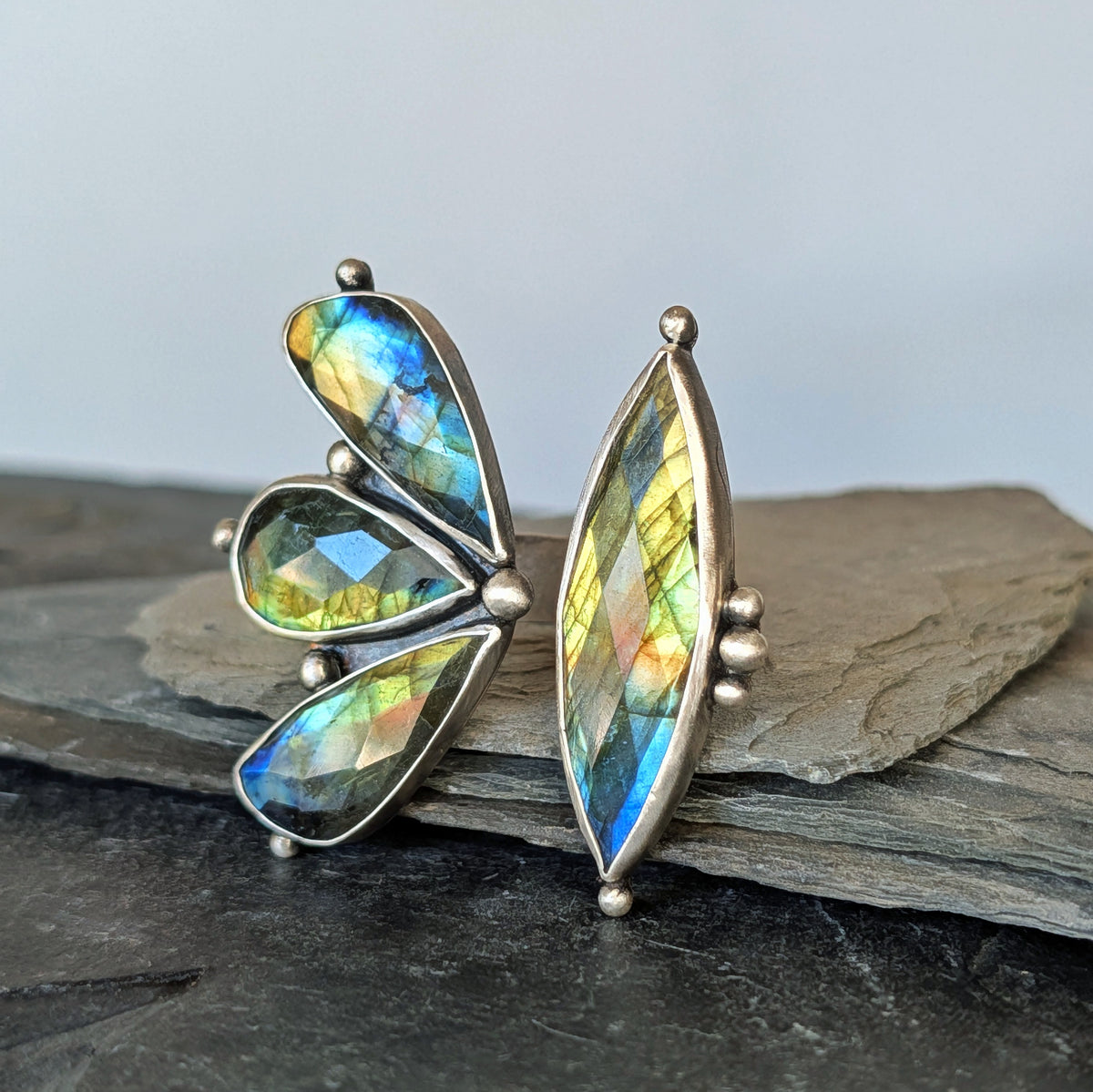 Faceted Labradorite Statement Ring- Art Nouveau Sterling Silver & Copper Open Band Ring, size 7.5-8.5