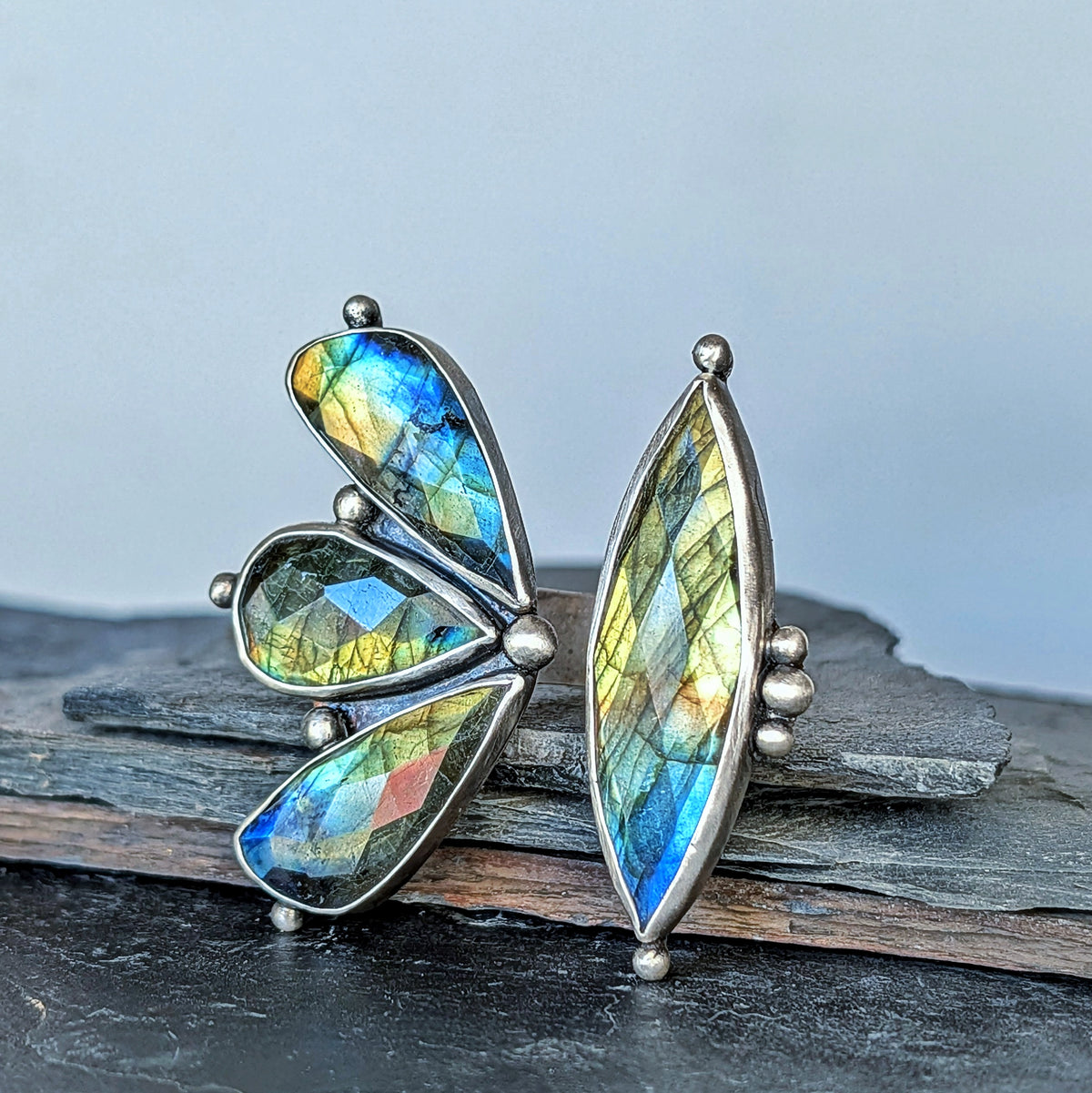 Faceted Labradorite Statement Ring- Art Nouveau Sterling Silver & Copper Open Band Ring, size 7.5-8.5