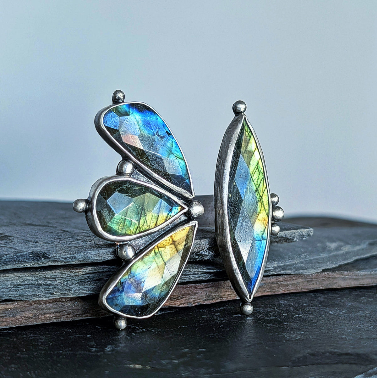 Faceted Labradorite Statement Ring- Art Nouveau Sterling Silver & Copper Open Band Ring, size 7.5-8.5
