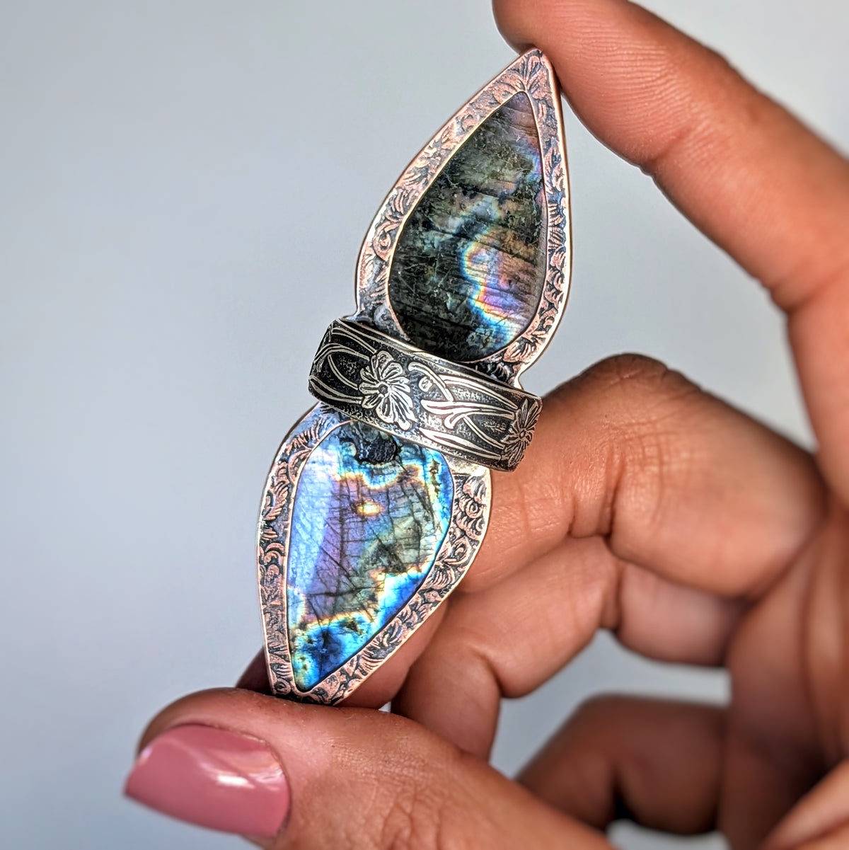 Rainbow Labradorite Statement Ring- Sterling Silver & Copper Art Nouveau Adjustable Ring
