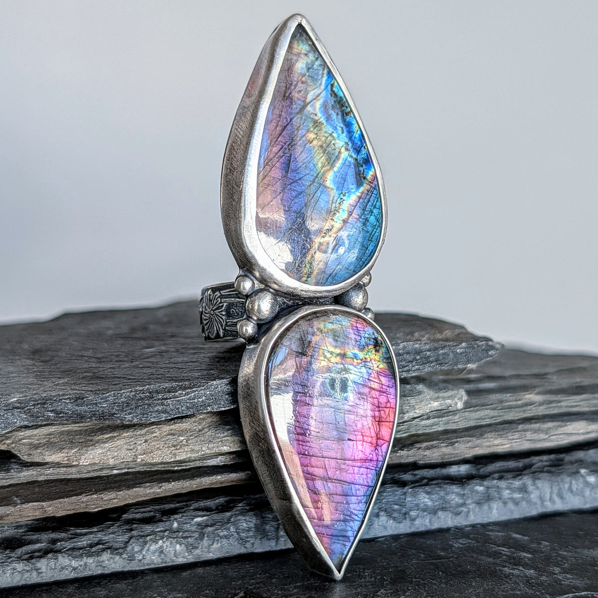 Rainbow Labradorite Statement Ring- Sterling Silver & Copper Art Nouveau Adjustable Ring
