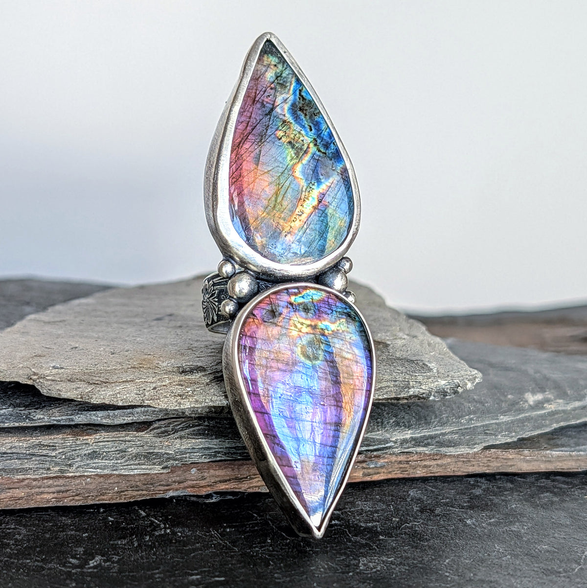 Rainbow Labradorite Statement Ring- Sterling Silver & Copper Art Nouveau Adjustable Ring