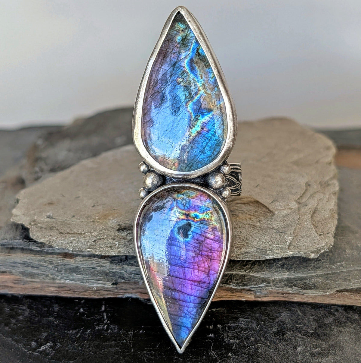 Rainbow Labradorite Statement Ring- Sterling Silver & Copper Art Nouveau Adjustable Ring