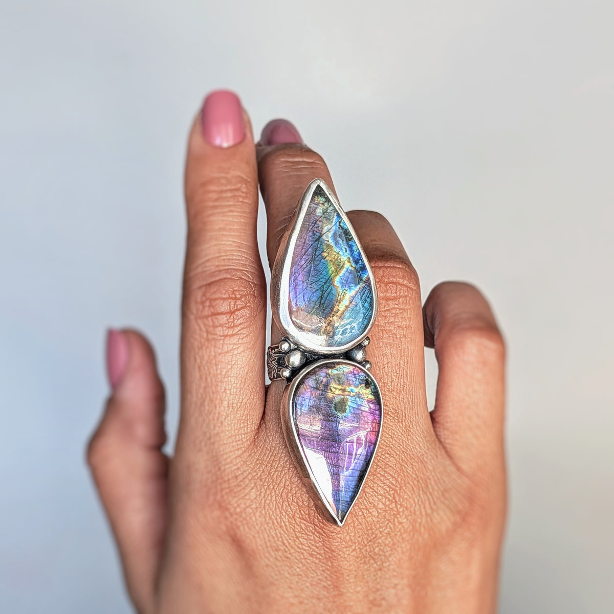 Rainbow Labradorite Statement Ring- Sterling Silver & Copper Art Nouveau Adjustable Ring