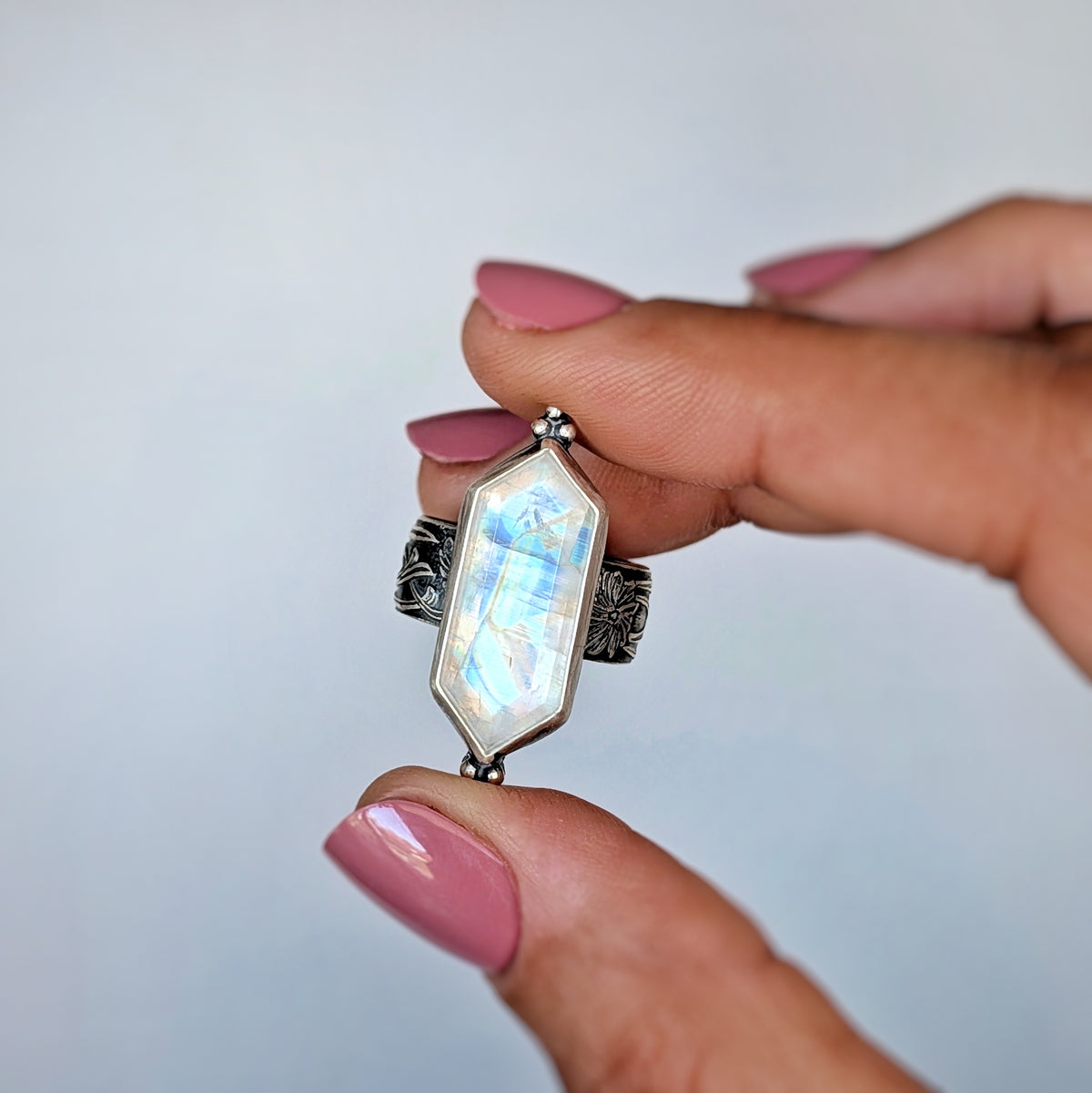 Rainbow Moonstone Statement Ring- Sterling Silver Floral Art Nouveau Ring, Size 7