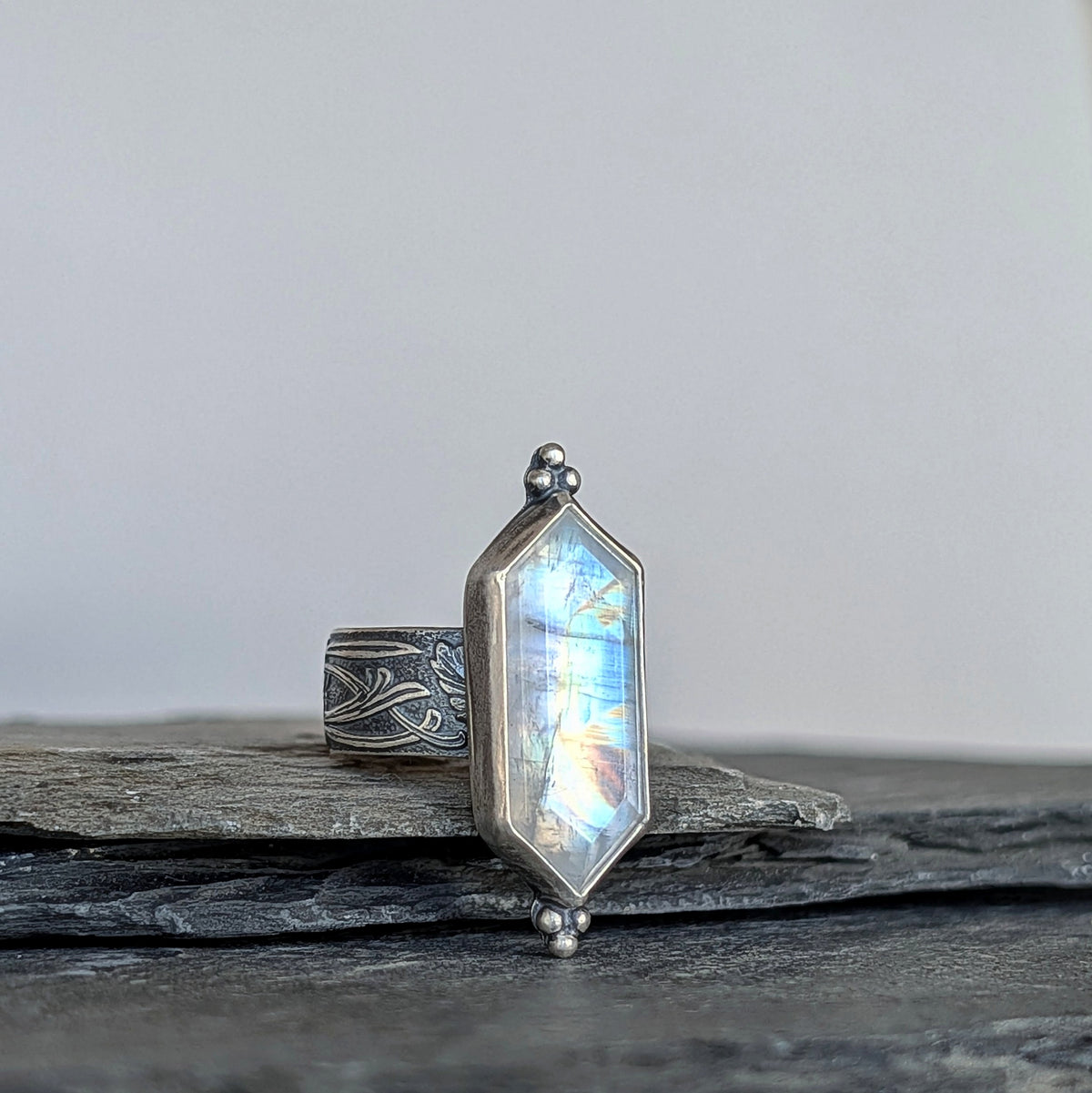 Rainbow Moonstone Statement Ring- Sterling Silver Floral Art Nouveau Ring, Size 7