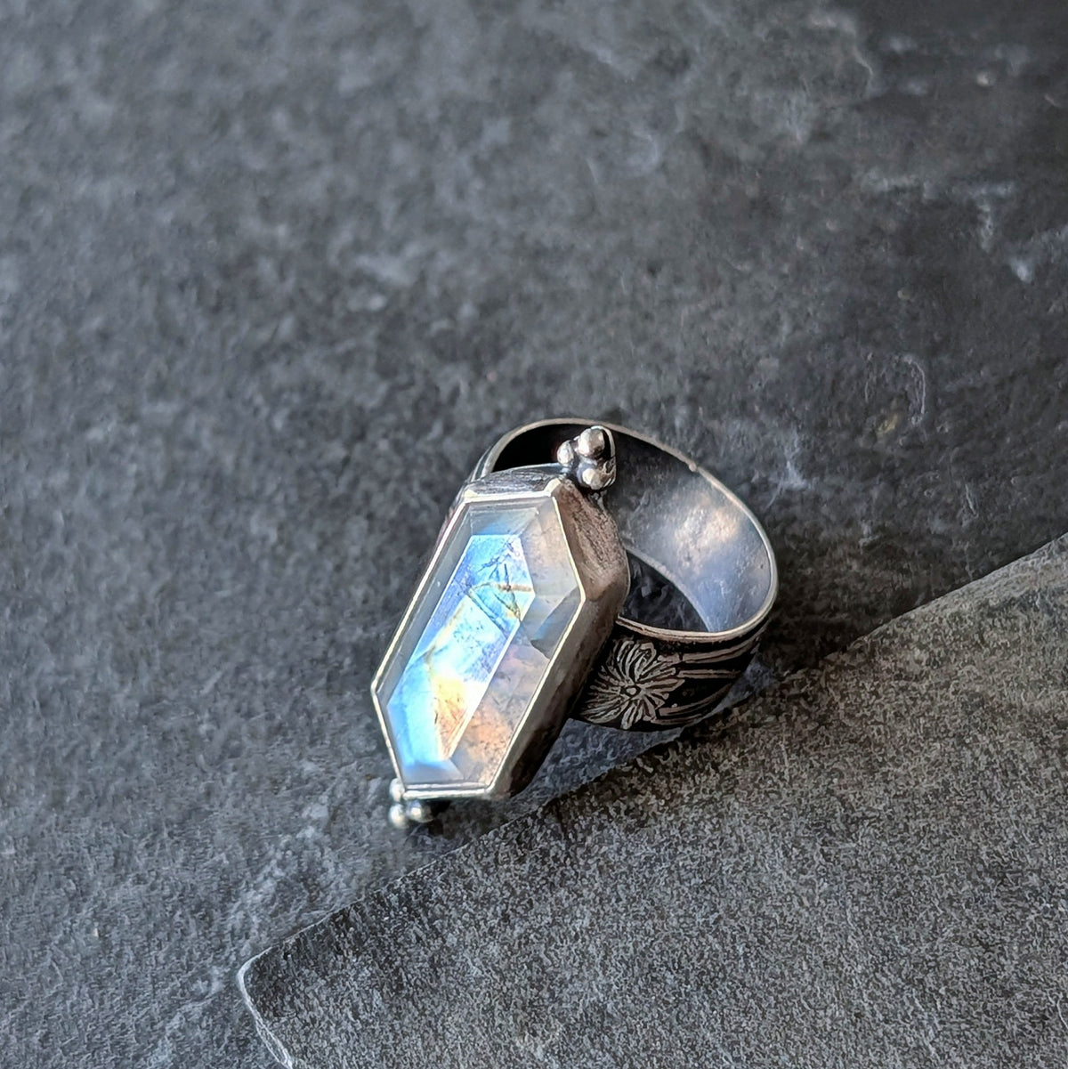 Rainbow Moonstone Statement Ring- Sterling Silver Floral Art Nouveau Ring, Size 7