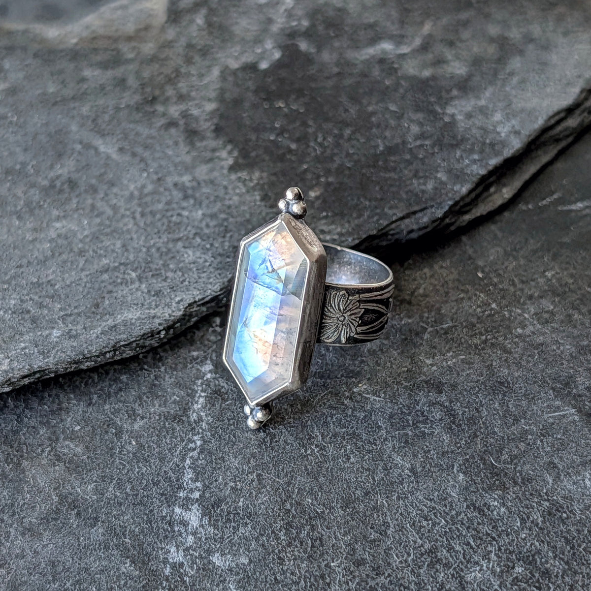 Rainbow Moonstone Statement Ring- Sterling Silver Floral Art Nouveau Ring, Size 7