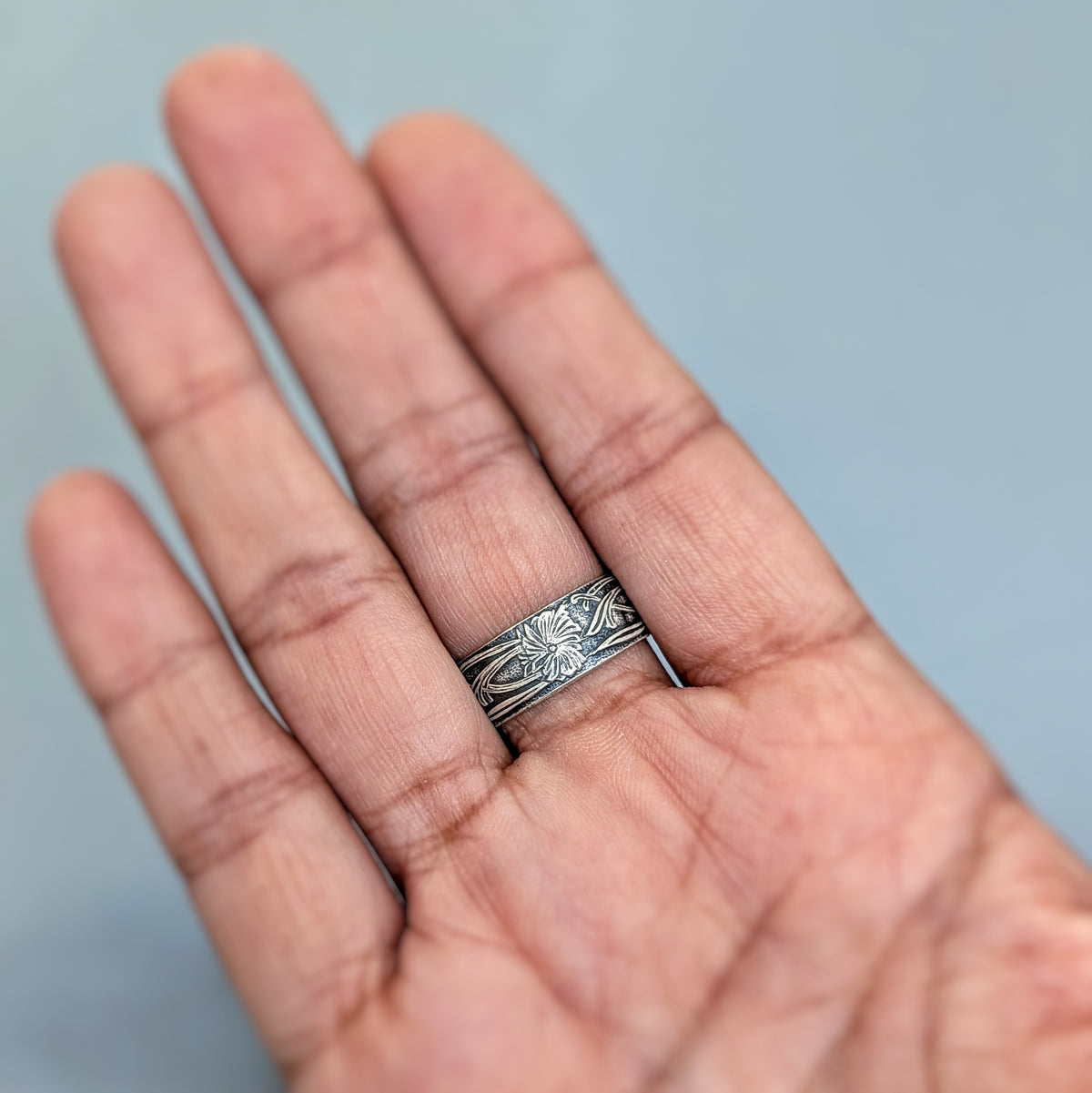 Rainbow Moonstone Statement Ring- Hammered Sterling Silver Floral Art Nouveau Ring, Size 7