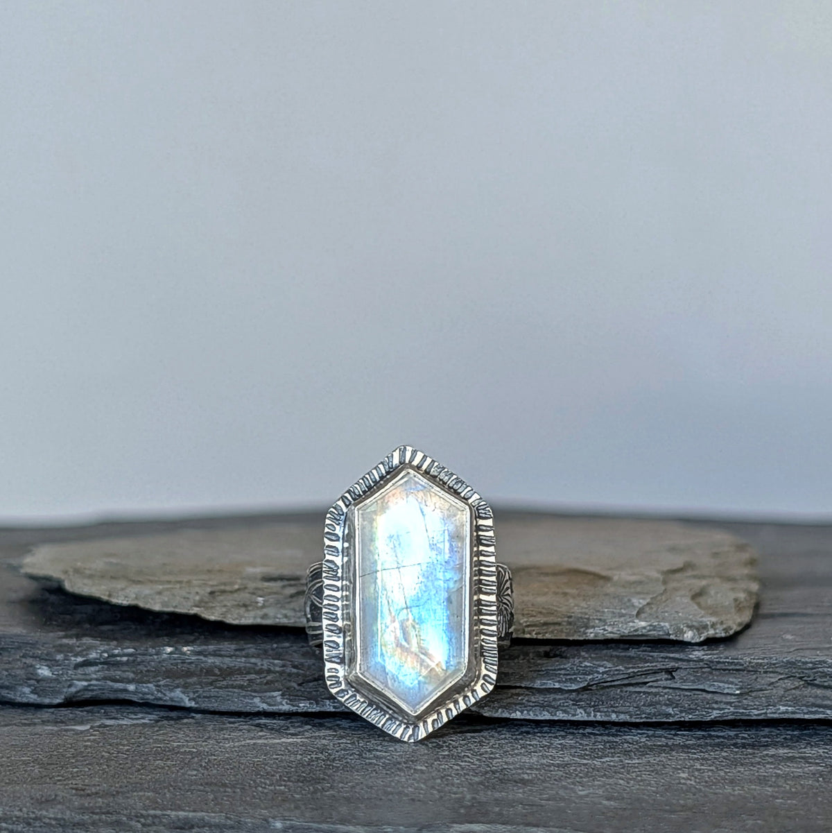 Rainbow Moonstone Statement Ring- Hammered Sterling Silver Floral Art Nouveau Ring, Size 7