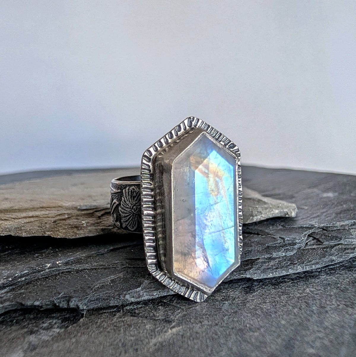 Rainbow Moonstone Statement Ring- Hammered Sterling Silver Floral Art Nouveau Ring, Size 7